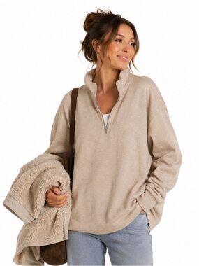 Sincerely Jules Cream Beige Terry Cloth Ling Sleeved 1/2 Zip Pullover Sw…